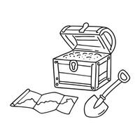 A broken shovel lying near a treasure chest with a map next to it vector