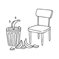 A trash bin next to a chair with banana peels spilled around it vector