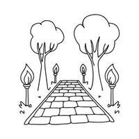 A forest cobblestone path lined with torches lighting the way vector