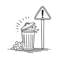 A trash bin beneath a tilted signpost, garbage scattered below vector