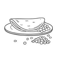 A tortilla beside scattered corn kernels on a plate vector