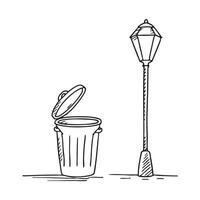 A trash bin under a streetlamp with its lid completely open vector