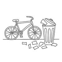 A trash bin behind a bicycle, surrounded by scattered papers vector