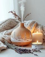 Wooden Diffuser with Winter Design, Candles, and Lavender photo