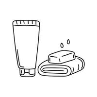 A toothpaste tube near a soap bar and towel vector