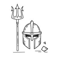 A trident lying near a warrior helmet with cracks vector