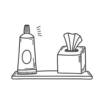 un pasta dental descansando junto a un pañuelo de papel caja en el estante vector