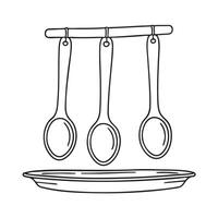 A tray under hanging spoons with one spoon on the edge vector