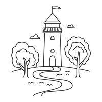 A tower beside a winding path through tall trees vector