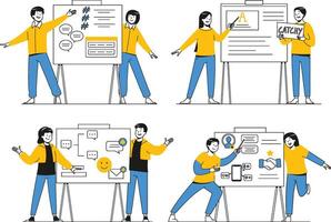 Flat design scene with professional characters explaining social media KPIs, content flow, and user engagement on whiteboards vector