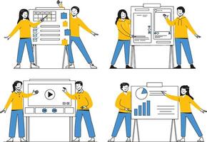 A flat scene of creative specialists presenting analytics, planner, content strategy, and multimedia tools on whiteboards vector