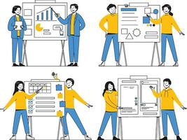 Characters presenting messaging strategy, content blocks, hashtags, and digital communication planning on whiteboards vector