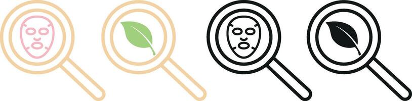 set of icons of different colors and shapes of cosmetic products under a magnifying glass for the face with additional marks that mean various factors of influence, for cosmetology or other beauty fie vector