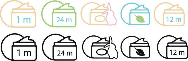 set of icons of different colors and shapes of facial cosmetics with additional labels, for cosmetology or other beauty fields vector
