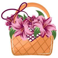icon of a rectangular wicker basket with flowers, namely pink lily buds, for print, advertising or packaging vector