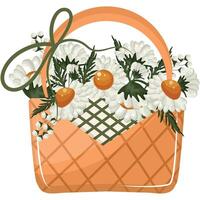 icon of a rectangular wicker basket with flowers, namely buds of white field daisies, for print, advertising or packaging vector