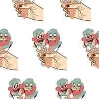 pattern with icons of a hand holding two ice cream cones with funny, cheerful and sad faces in retro vintage style vector