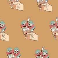 pattern with a set of icons of hands holding two ice cream cones with happy, funny and sad faces in retro vintage style on a brown background vector