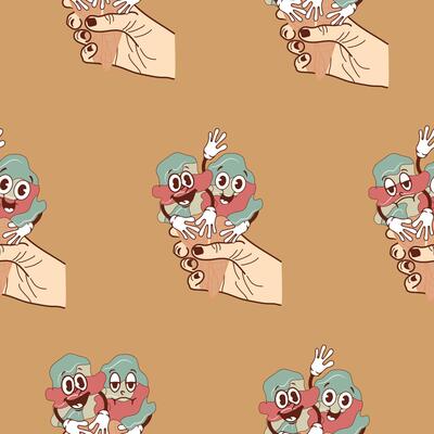 pattern with a set of icons of hands holding two ice cream cones with happy, funny and sad faces in retro vintage style on a brown background