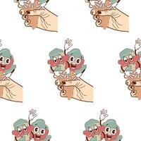 pattern with icons of a hand holding two ice cream cones with happy and sad faces in retro vintage style vector