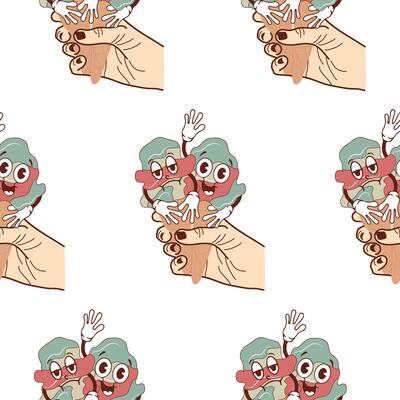pattern with icons of a hand holding two ice cream cones with happy and sad faces in retro vintage style