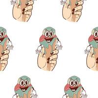 pattern with icons of a hand holding ice cream in a waffle cone with a funny, cheerful, happy face in retro vintage style on a brown background vector