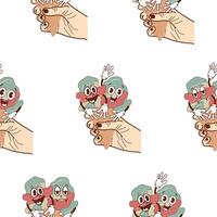 pattern with a set of icons of hands holding two ice cream cones with happy, funny and sad faces in retro vintage style vector