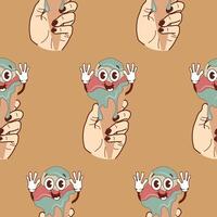 pattern with icons of a hand holding ice cream in a waffle cone with a funny cheerful face and raised hands in a retro vintage style on a brown background vector