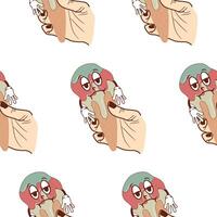pattern with icons of sad anthropomorphic ice cream in a waffle cone dripping down a hand, retro, vintage style vector