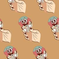 pattern with icons of a smiling anthropomorphic ice cream in a waffle cone flowing down a hand on a brown background, retro, vintage style vector