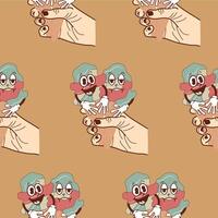 pattern with icons of a hand holding two ice cream cones with funny, cheerful and sad faces in retro vintage style on a brown background vector