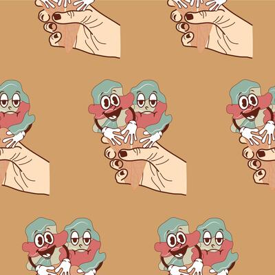 pattern with icons of a hand holding two ice cream cones with funny, cheerful and sad faces in retro vintage style on a brown background