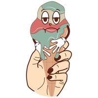 icon of a hand holding ice cream in a waffle cone with a funny sad face and human limbs in a retro vintage style vector