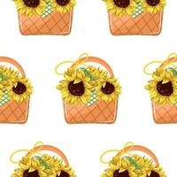 pattern with rectangular wicker baskets with flowers, namely yellow sunflower buds, for print, advertising or packaging vector