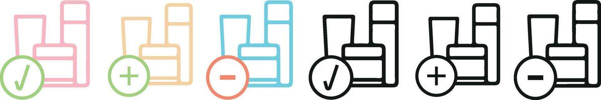 set of icons of different colors and shapes of facial cosmetics with additional plus, minus and check marks, for cosmetology or other beauty fields vector
