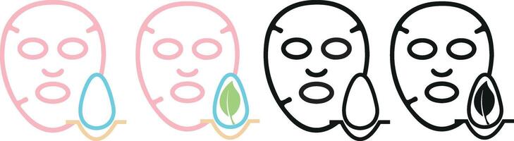 set of icons of different colors and shapes of cosmetic face masks with additional symbols that mean different factors of influence, for cosmetology or other beauty fields vector