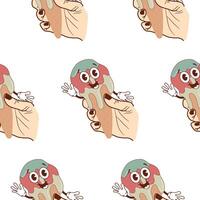 pattern with icons of a happy, smiling anthropomorphic ice cream in a waffle cone flowing down a hand, retro, vintage style vector