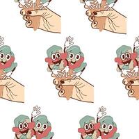 pattern with a set of icons of hands holding two ice cream cones with happy, funny and sad faces in retro vintage vector