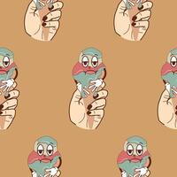 pattern with a set of icons of hands holding ice cream in waffle cones with happy, funny and sad faces in retro vintage style on a brown backgroun vector