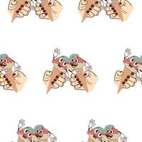 pattern with icons of happy and smiling anthropomorphic ice cream in waffle cones held by two hands, retro, vintage style vector