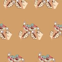 pattern with icons of smiling and sad anthropomorphic ice cream in waffle cones held by two hands on a brown background, retro vector