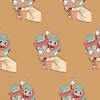 pattern with icons of a hand holding two ice cream cones with happy and sad faces in retro vintage style on a brown background vector