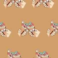 pattern with icons of smiling and sad anthropomorphic ice cream in waffle cones held by two hands on a brown background, retro, vintage style vector