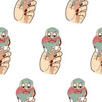 pattern with icons of a hand holding ice cream in a waffle cone with a funny sad face and human limbs in a retro vintage style without a background vector