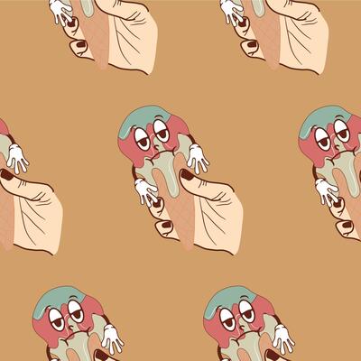 pattern with icons of sad anthropomorphic ice cream in a waffle cone flowing down a hand on a brown background, retro, vintage style
