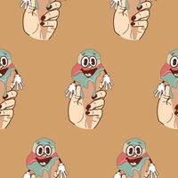 pattern with icons of a hand holding ice cream in a waffle cone with a funny, cheerful, happy face in retro vintage style on a brown backgroun vector