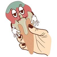 icon of a sad anthropomorphic ice cream in a waffle cone dripping down his hand, retro, vintage style vector