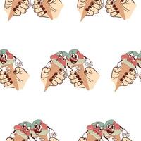 pattern with icons of happy and sad anthropomorphic ice cream in waffle cones held by two hands, retro, vintage style vector