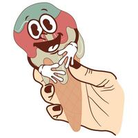 icon of a smiling anthropomorphic ice cream in a waffle cone dripping down his hand, retro, vintage style vector
