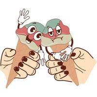 icon of a happy and smiling anthropomorphic ice cream in a waffle cone held by two hands, retro, vintage style vector